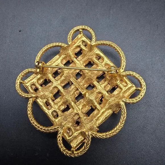Florenza Fall Color Rhinestone Brooch Basket Weave Gold Tone Vintage Jewelry - Picture 10 of 10